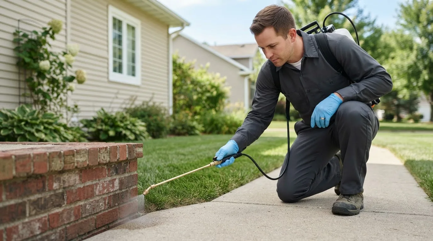 Pest control technician treating a home near Vulcan, MI